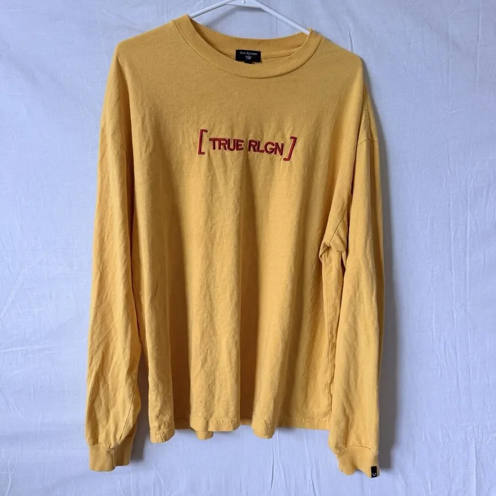 True Religion XL Long Sleeve T Shirt Yellow Embroidered Logo USA Made Cotton Y2K